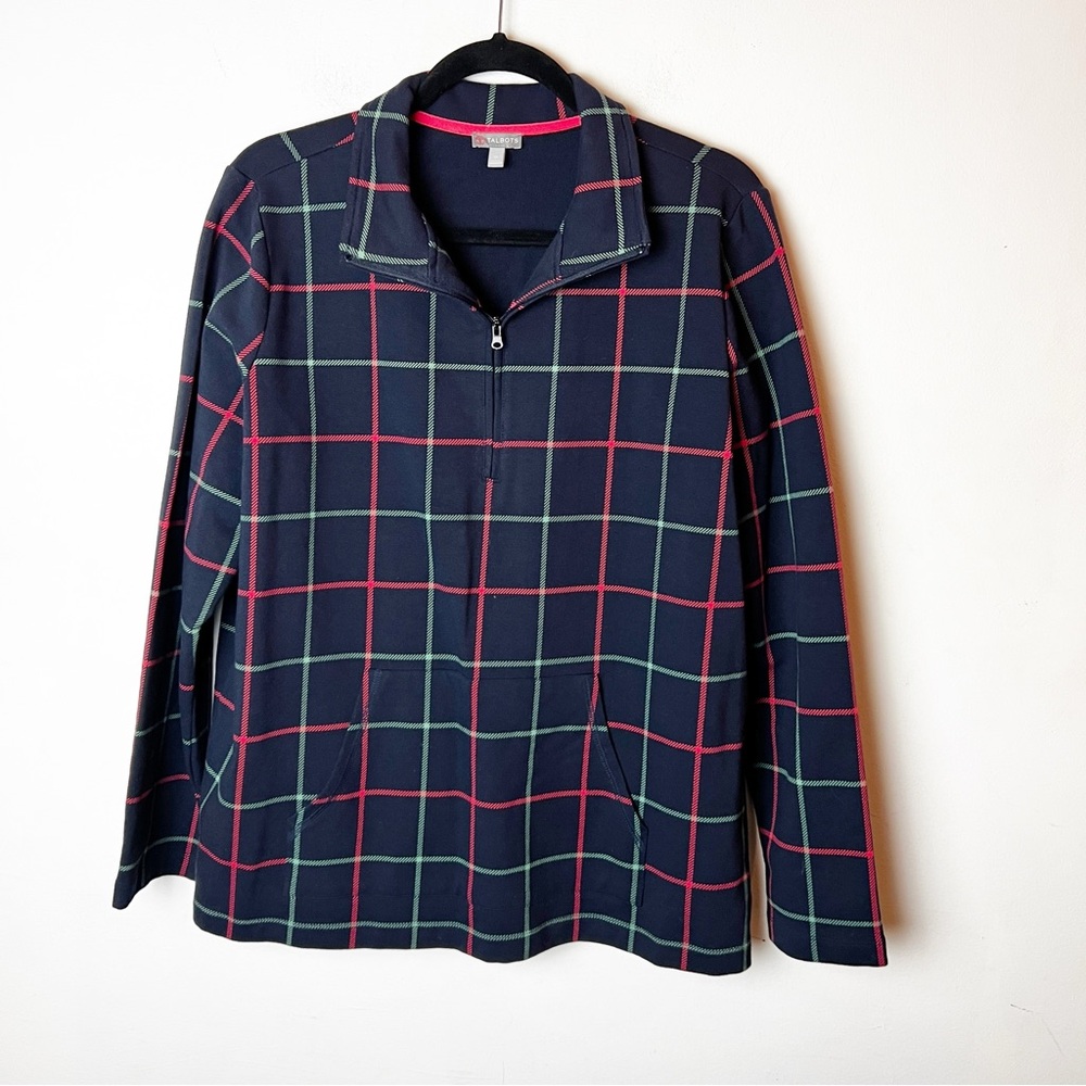 SZ 1XL Talbots Striped Half Zip Pullover Navy Blue Pink and Green Lines